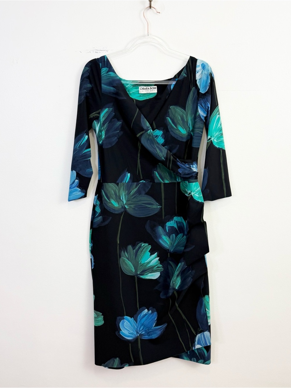 Chiara Boni La Petite Robe Floral Sheath Dress Blue Green Ruched Wrap EU 50